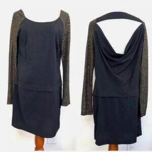 BCBGeneration Black Shift Dress Long Metallic Gold Sleeve Open Back